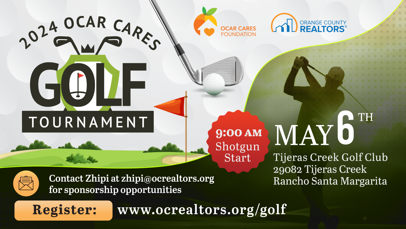 2024 OCAR Cares Golf Tournament. May 6th 9am shotgun start. Register at www.ocrealtors.org/golf